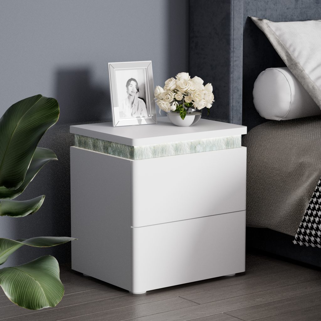 Frosted Marble Accent 2-Drawer White Bedside Cabinet, BF26022