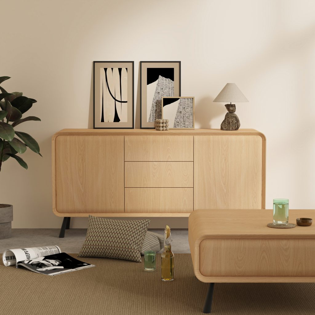 Minimalist 2-Door 3-Drawer Light Oak MDF Sideboard Cabinet, BF26057