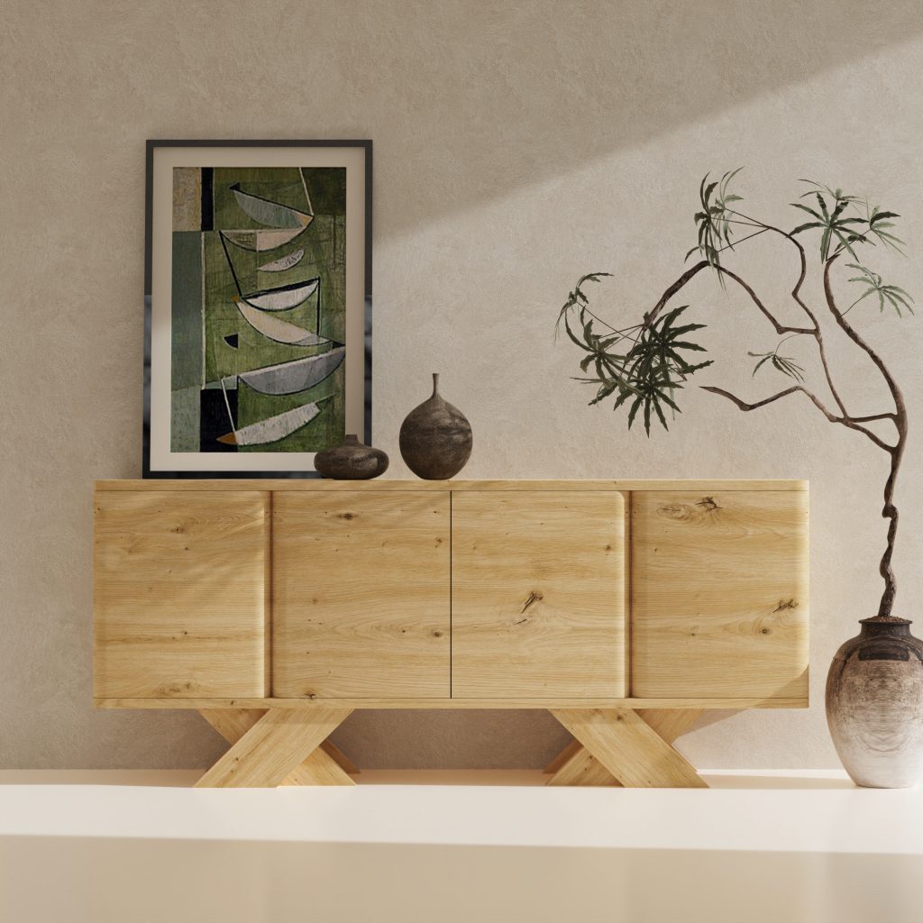 Natural Oak Grain MDF Foil X-Leg 4-Door Sideboard, BF26078