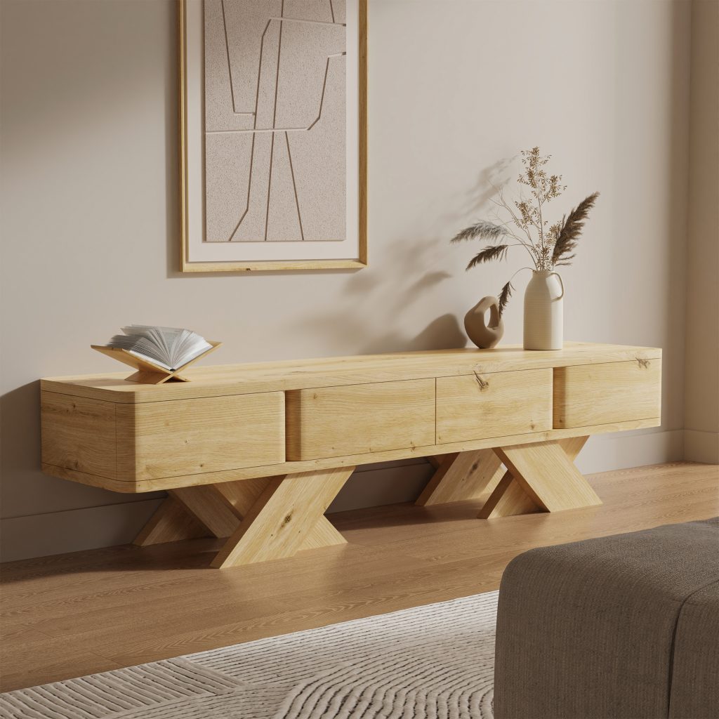 Natural Oak Grain MDF Foil X-Leg 4-Drawer TV Stand, BF26079