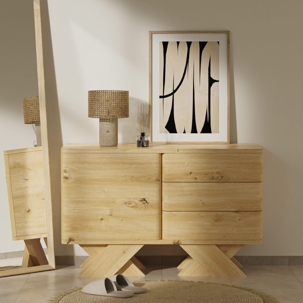 Natural Oak Grain MDF Foil X-Leg Asymmetric Dresser, BF26081